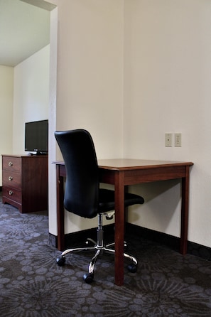 Desk, laptop workspace, blackout drapes, soundproofing