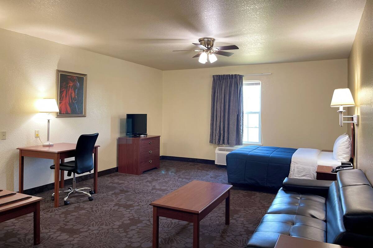 Ein Hotelzimmer mit Schreibtisch, Stuhl, Fernseher, Kommode, Bett und Deckenventilator.