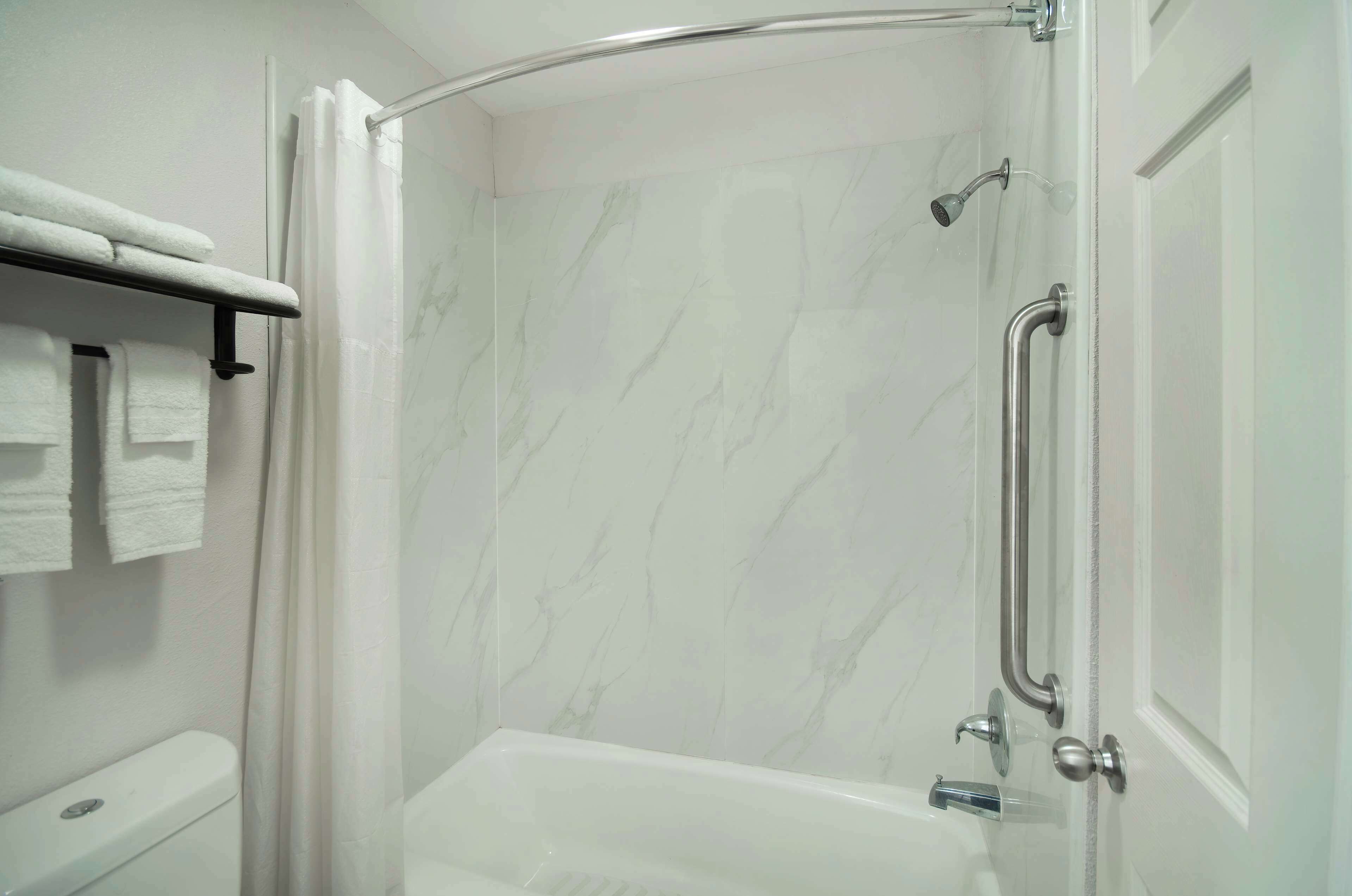 A bathroom with a shower, toilet, and towel rack.