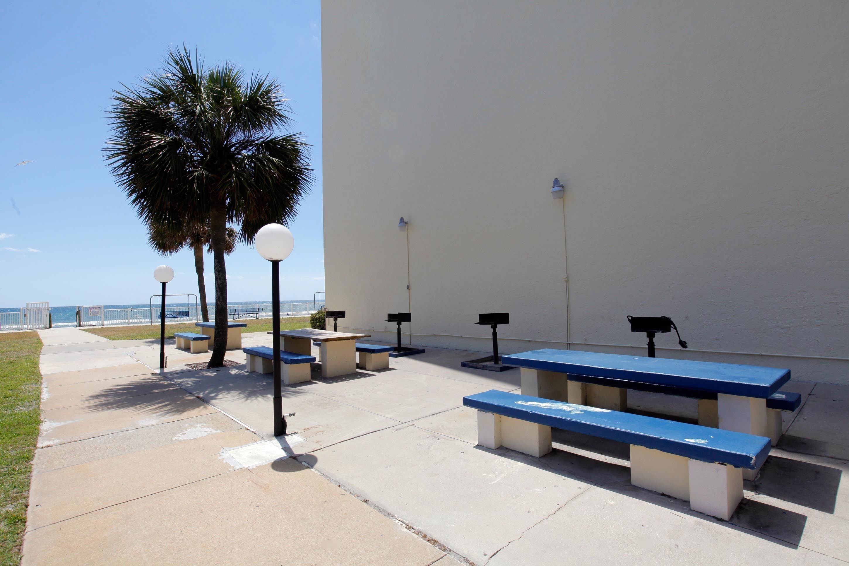 A beachside patio with picnic tables and benches, a palm tree, and a white wall.
