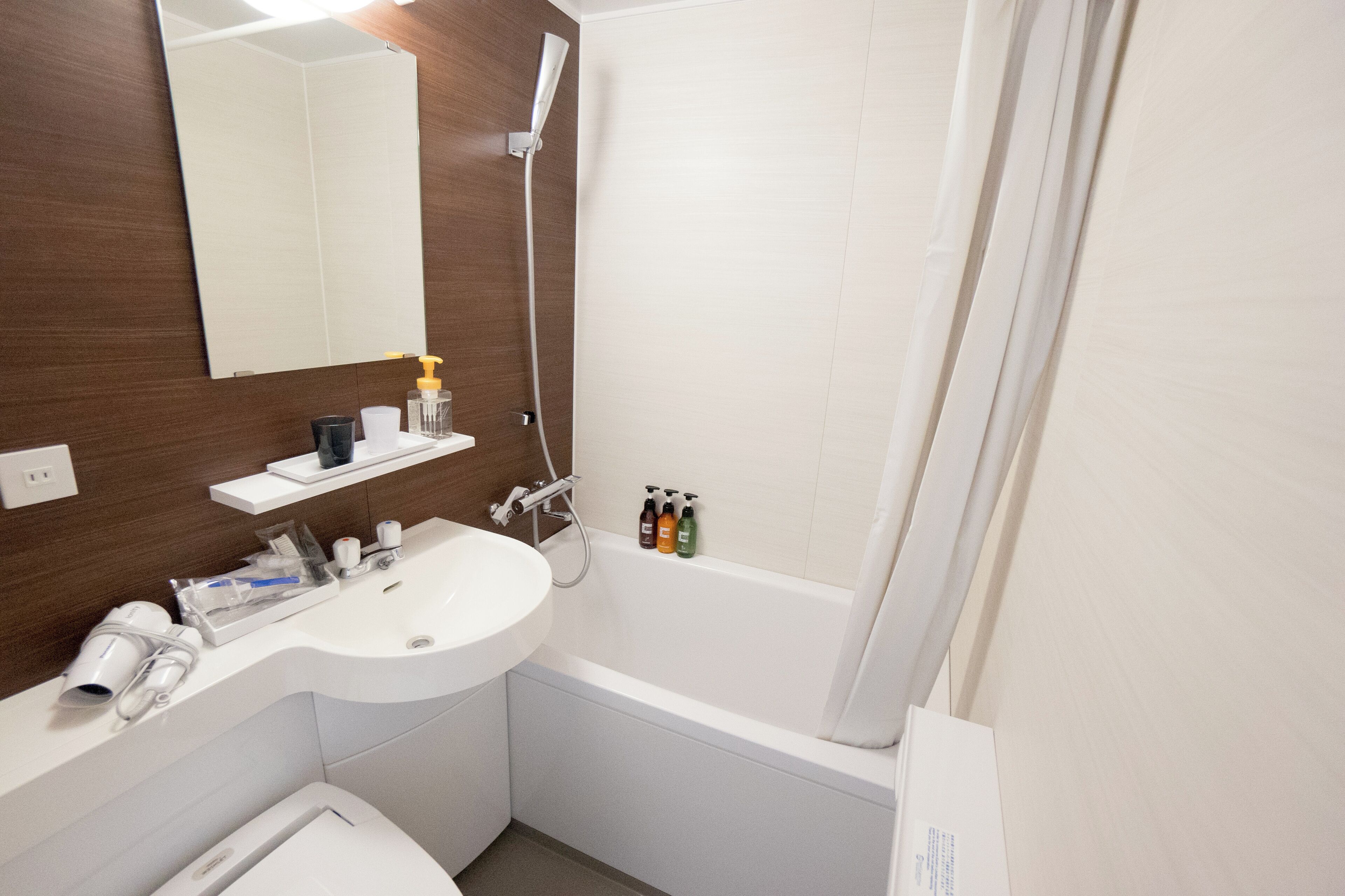 combined shower/bathtub, free toiletries, hair dryer, slippers