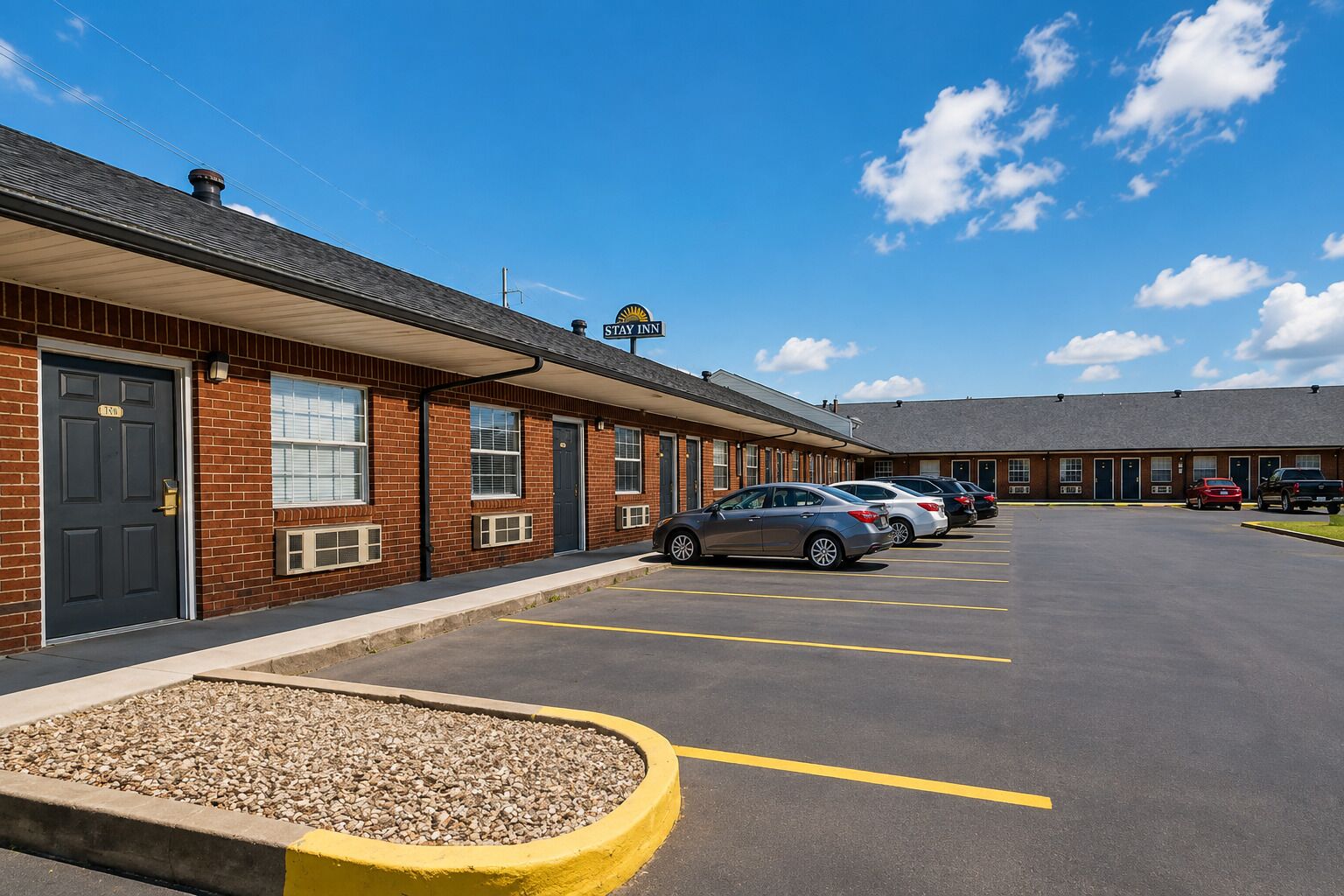 Un hôtel proposant des chambres, avec une rangée de places de stationnement et une zone gravillonnée devant l’entrée.