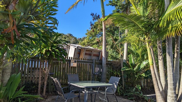 Un patio con una mesa y sillas, rodeado de exuberante vegetación tropical y una valla de madera.