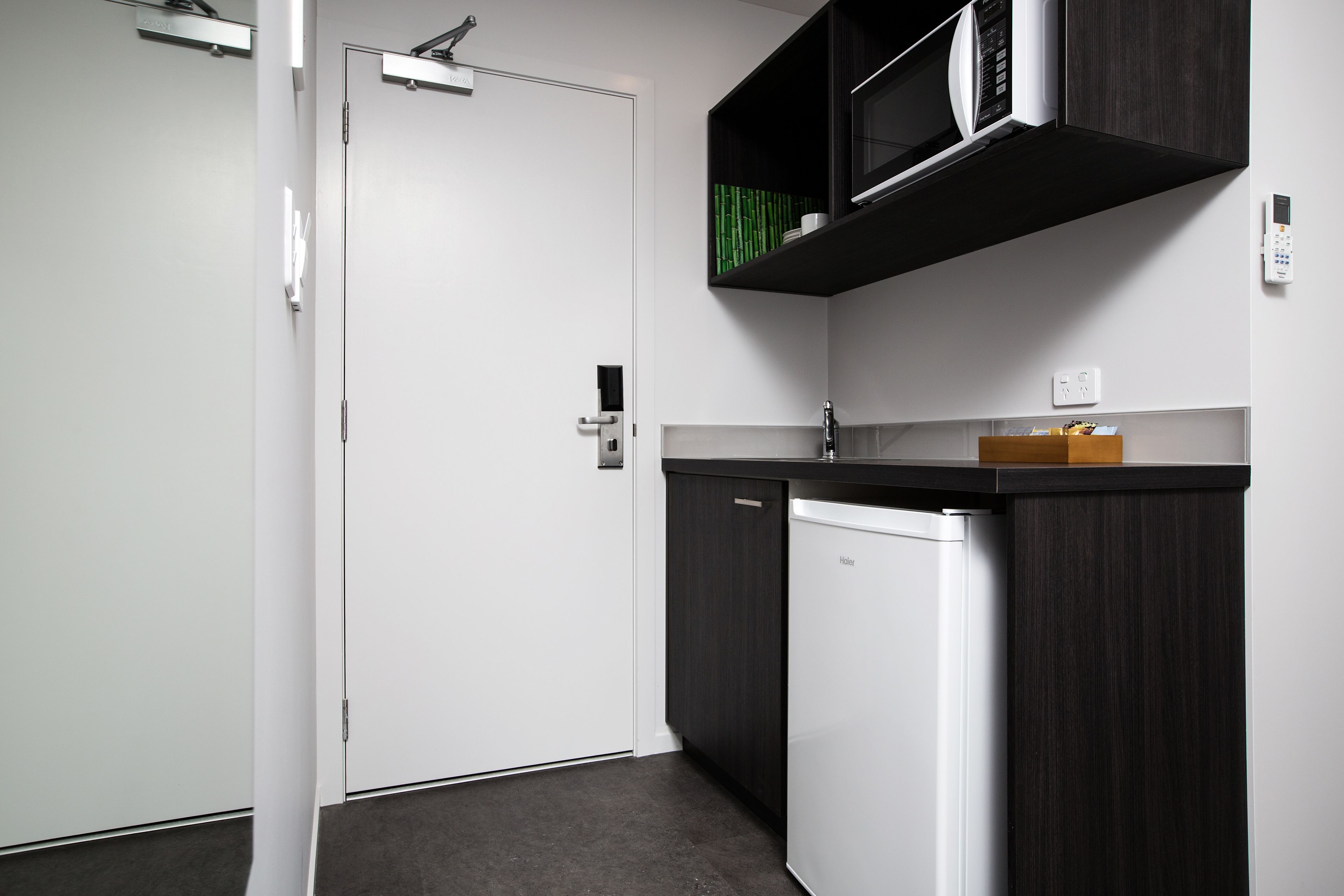 full-sized fridge, microwave, espresso maker, electric kettle