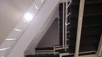 A staircase with white railings and dark steps, leading to an upper floor.