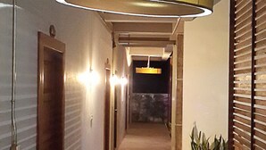 A corridor with a modern ceiling light, a potted plant, and a door on the left.
