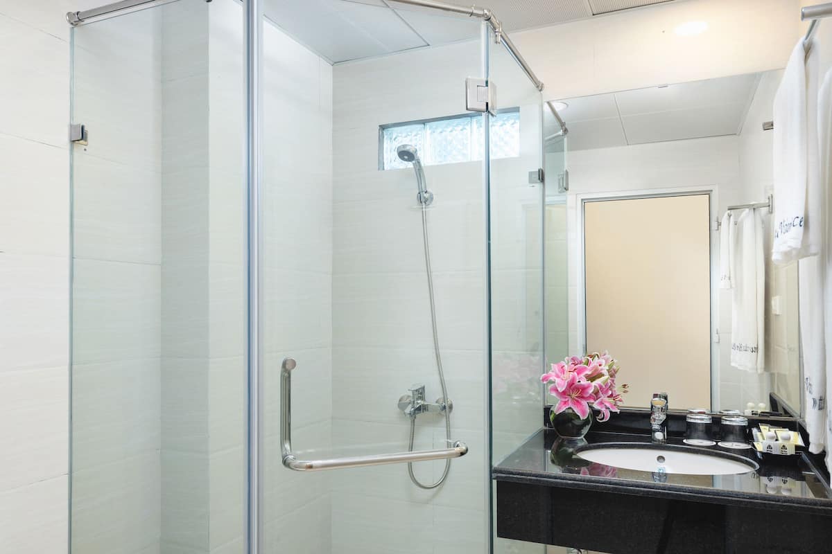 Duş, geniş duş başlığı, ücretsiz banyo/kozmetik ürünleri