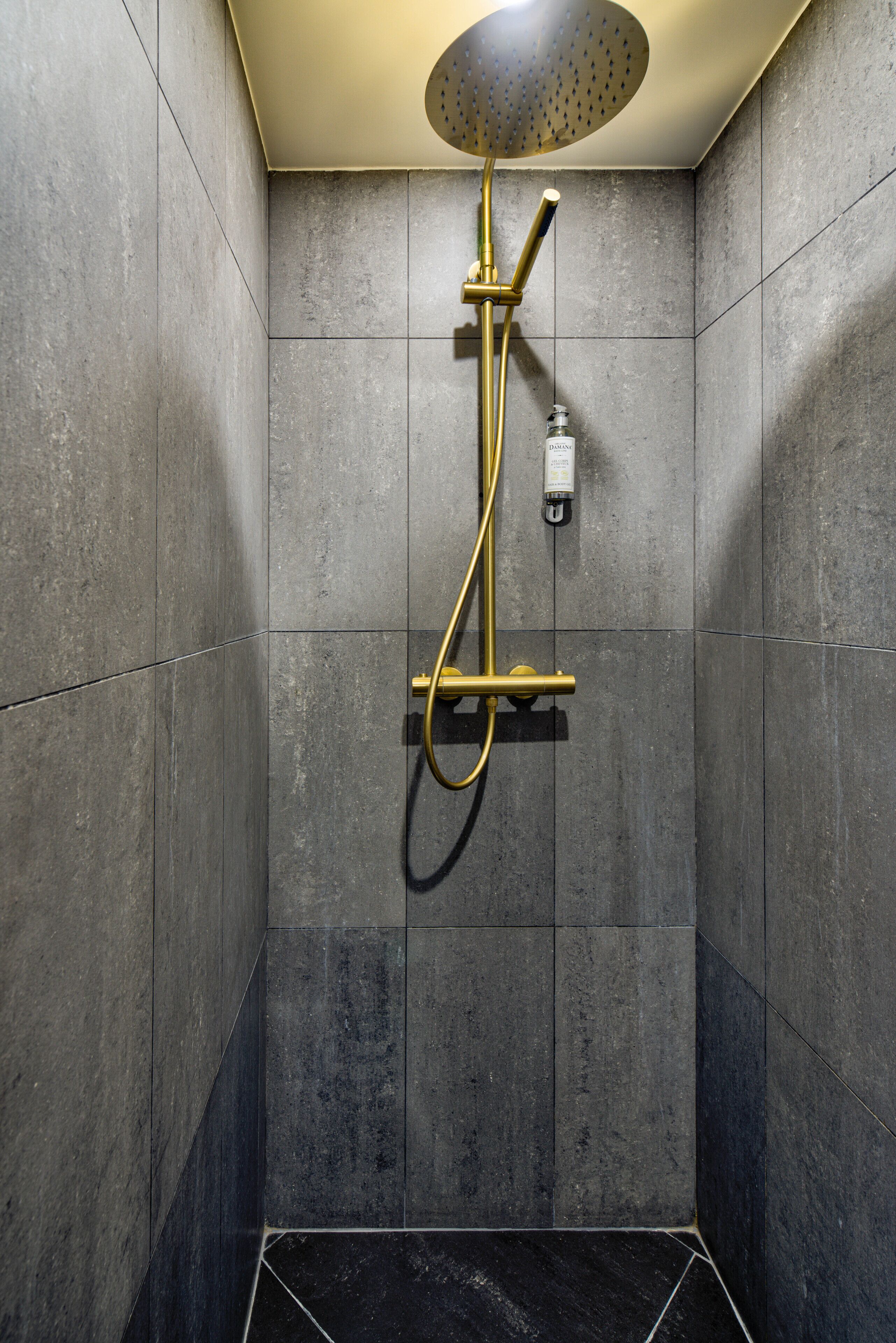 Une douche équipée d’un pommeau de douche à main et d’un panneau de commande fixé au mur.