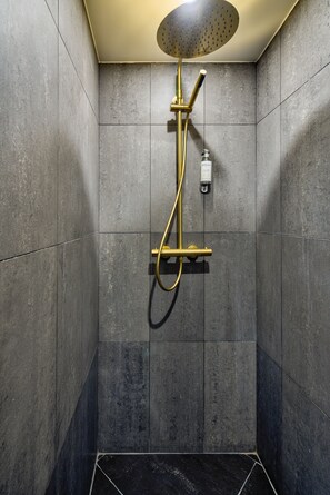 A shower with a handheld showerhead and a wall-mounted control panel. - Apartments du Louvre - St-Honoré (Paris)