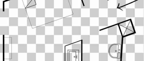 A hotel room layout with a bed, a desk, a chair, a toilet, and a sink.