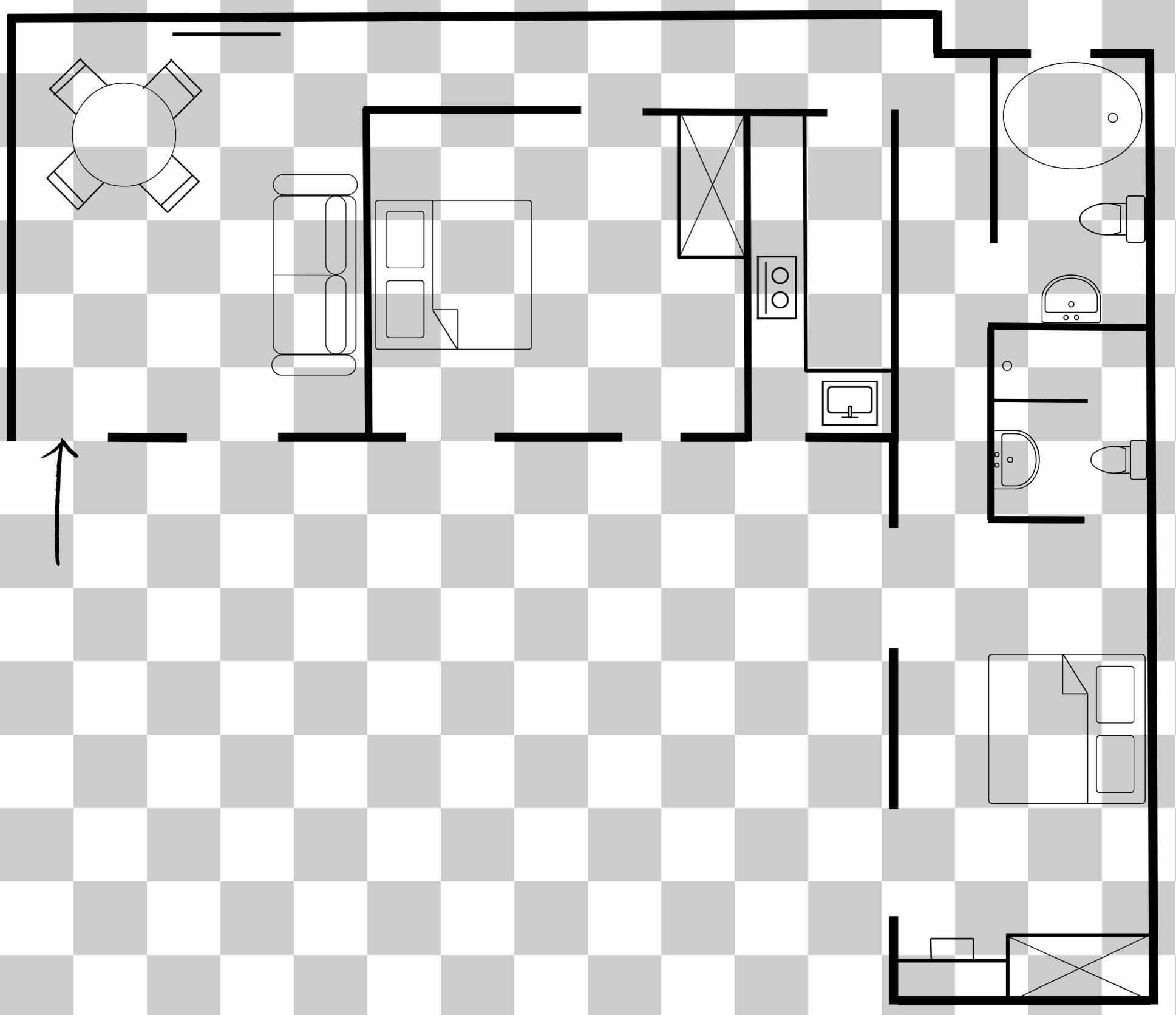 Un plan d’aménagement de chambre d’hôtel comprenant un lit, un bureau, une chaise, une armoire et une salle de bain.