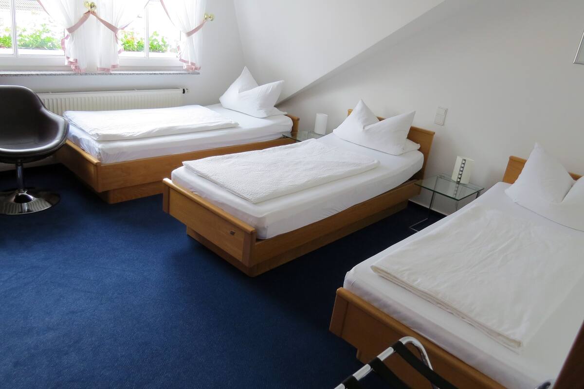 Une chambre avec deux lits simples, une chaise et une table en verre.