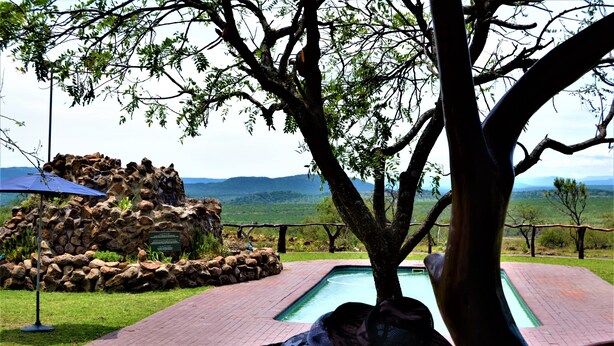 Zona de piscina con una estructura de piedra, vistas del paisaje y un árbol que ofrece sombra.