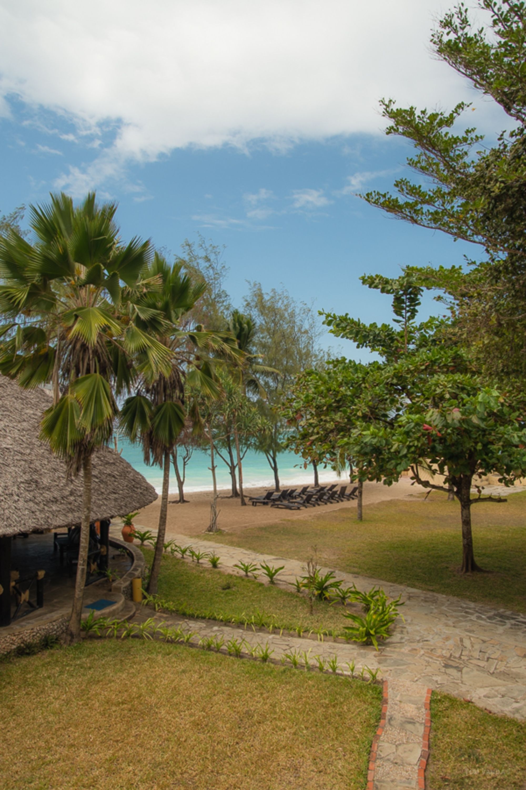 A tropical resort with a thatched-roof building, palm trees, and a pathway leading to a beach.