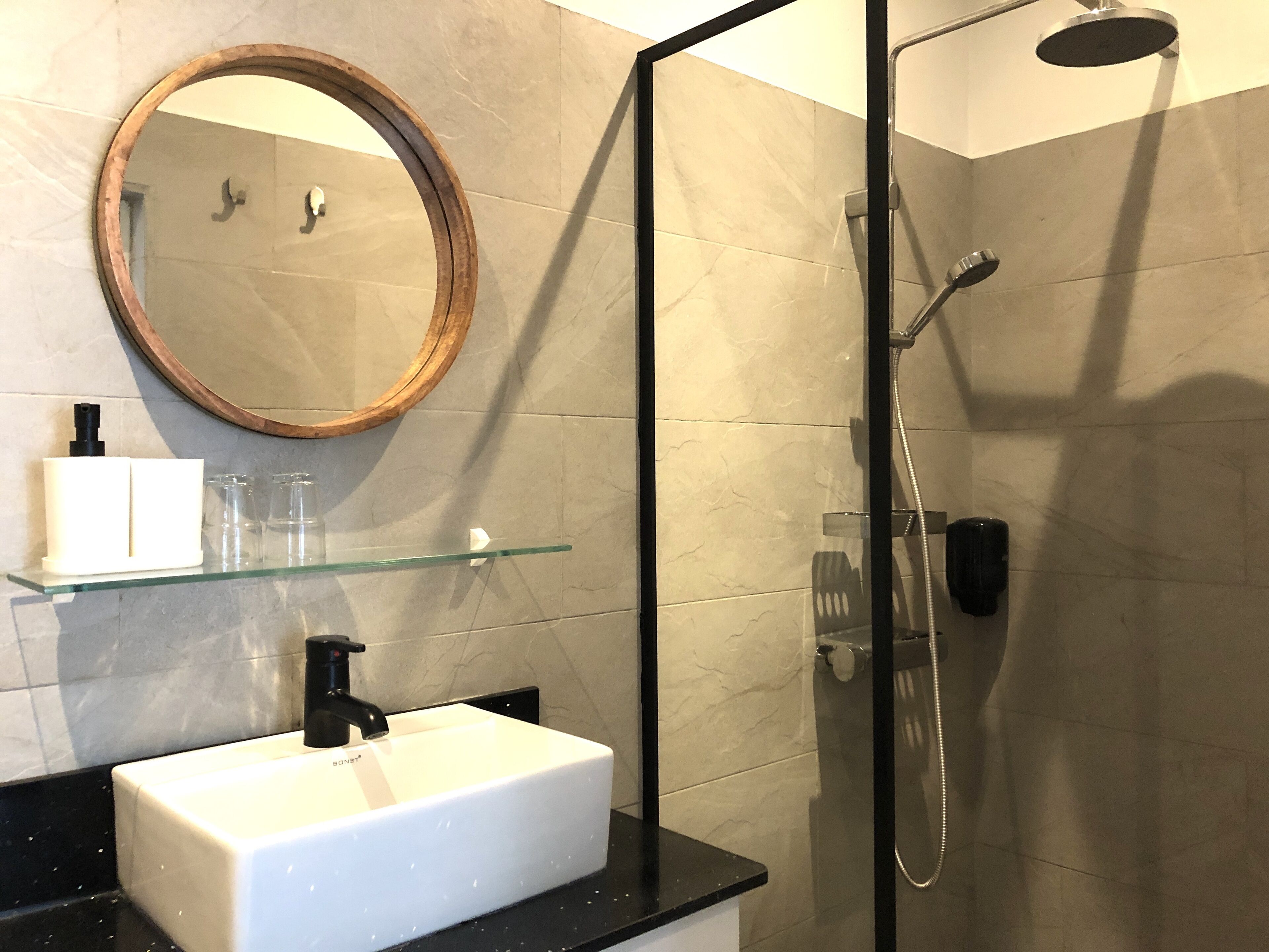 shower, rainfall showerhead, towels