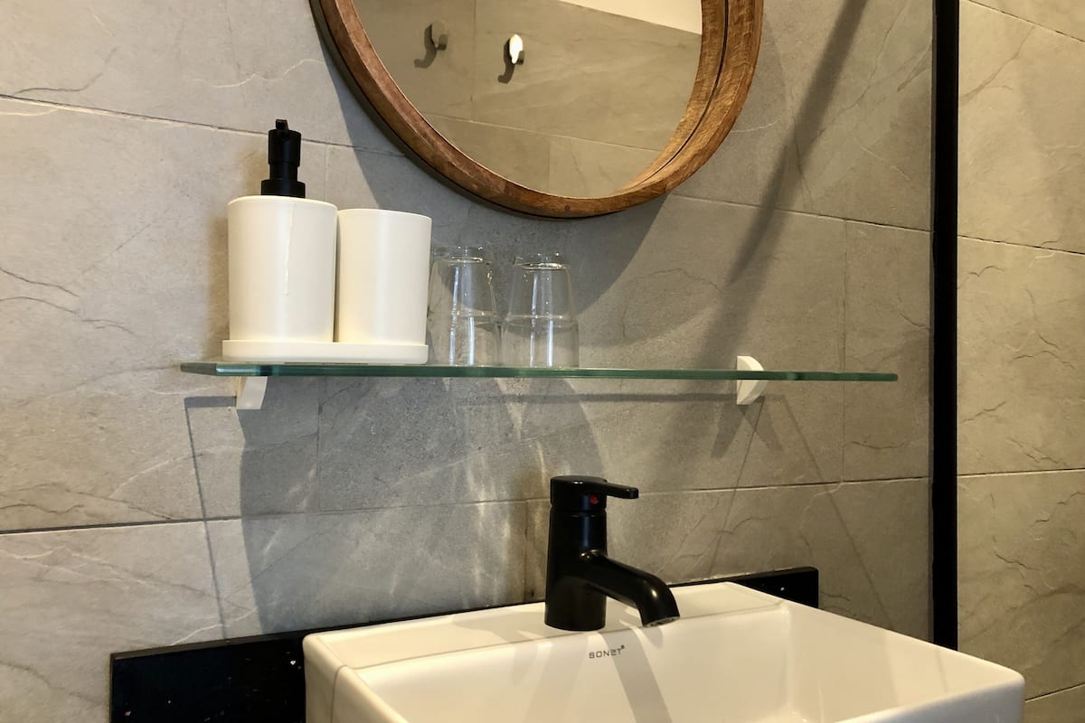 shower, rainfall showerhead, towels