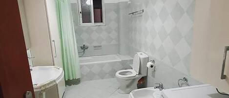 A bathroom with a toilet, bidet, sink, and washing machine.