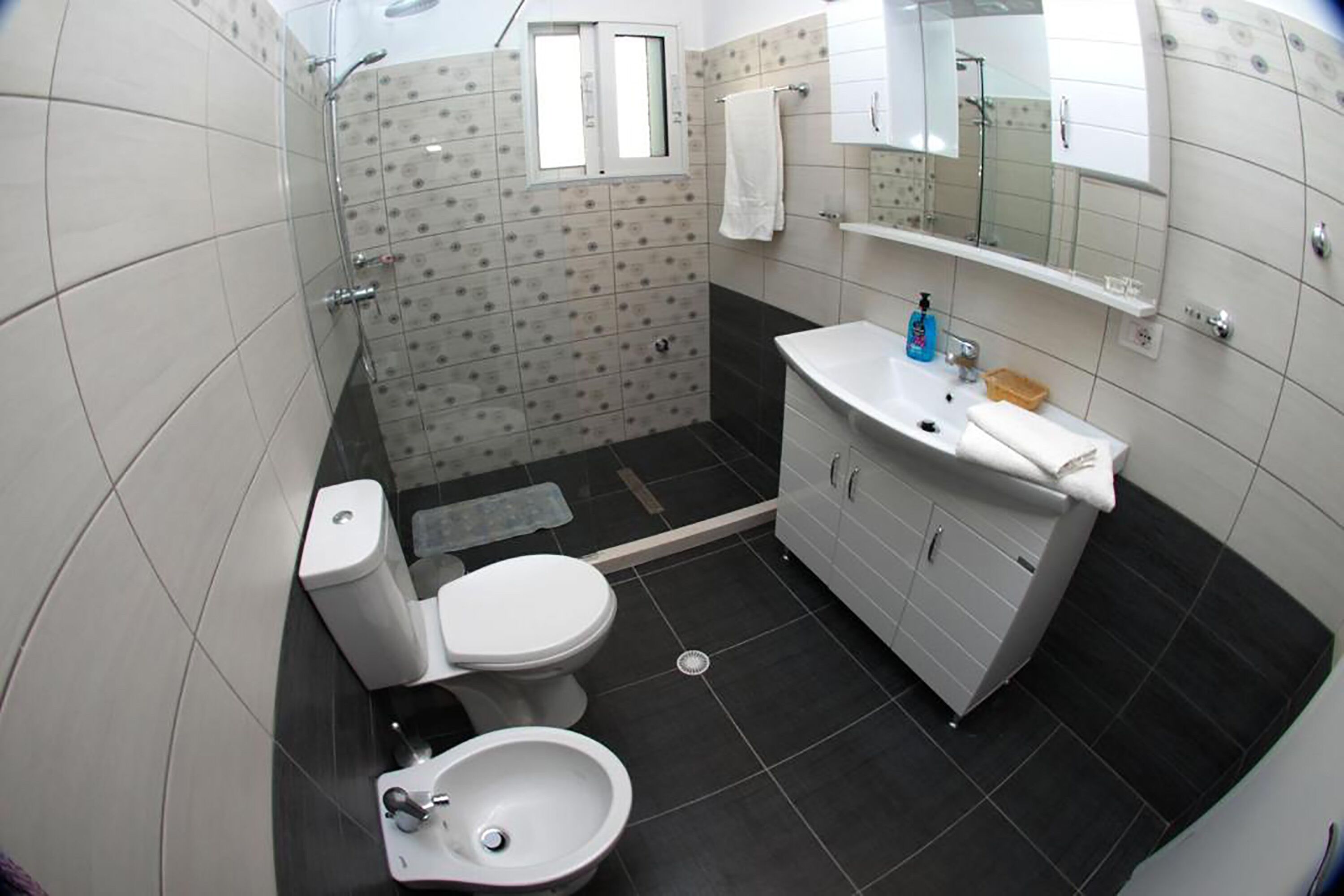 A bathroom with a toilet, bidet, and sink, tiled walls, and a mirror above the sink.