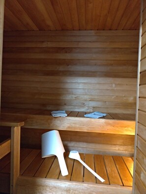 Eine Holzsauna mit Bänken und schrägverdeckter Decke.
