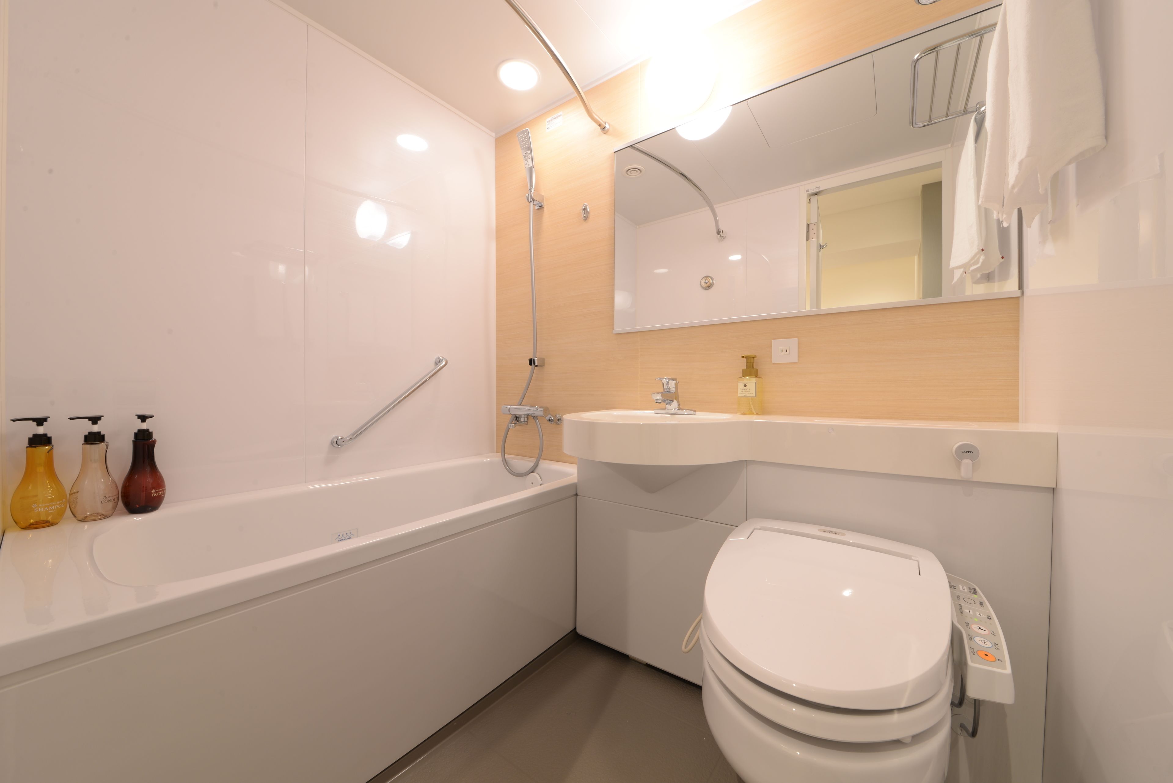 combined shower/bathtub, hair dryer, slippers, bidet