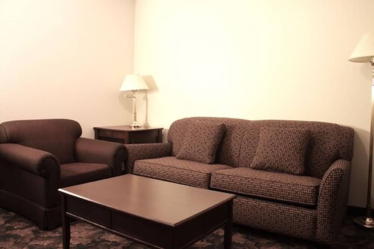 A living room with a brown sofa, a brown armchair, and a small table with a lamp.