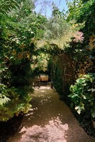 Un sendero en un jardín con un banco de madera y una pérgola.