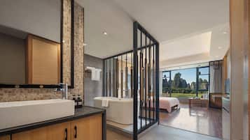 Deluxe Double Room, Mountain View | Bathroom | Eco-friendly toiletries, hair dryer, bathrobes, slippers