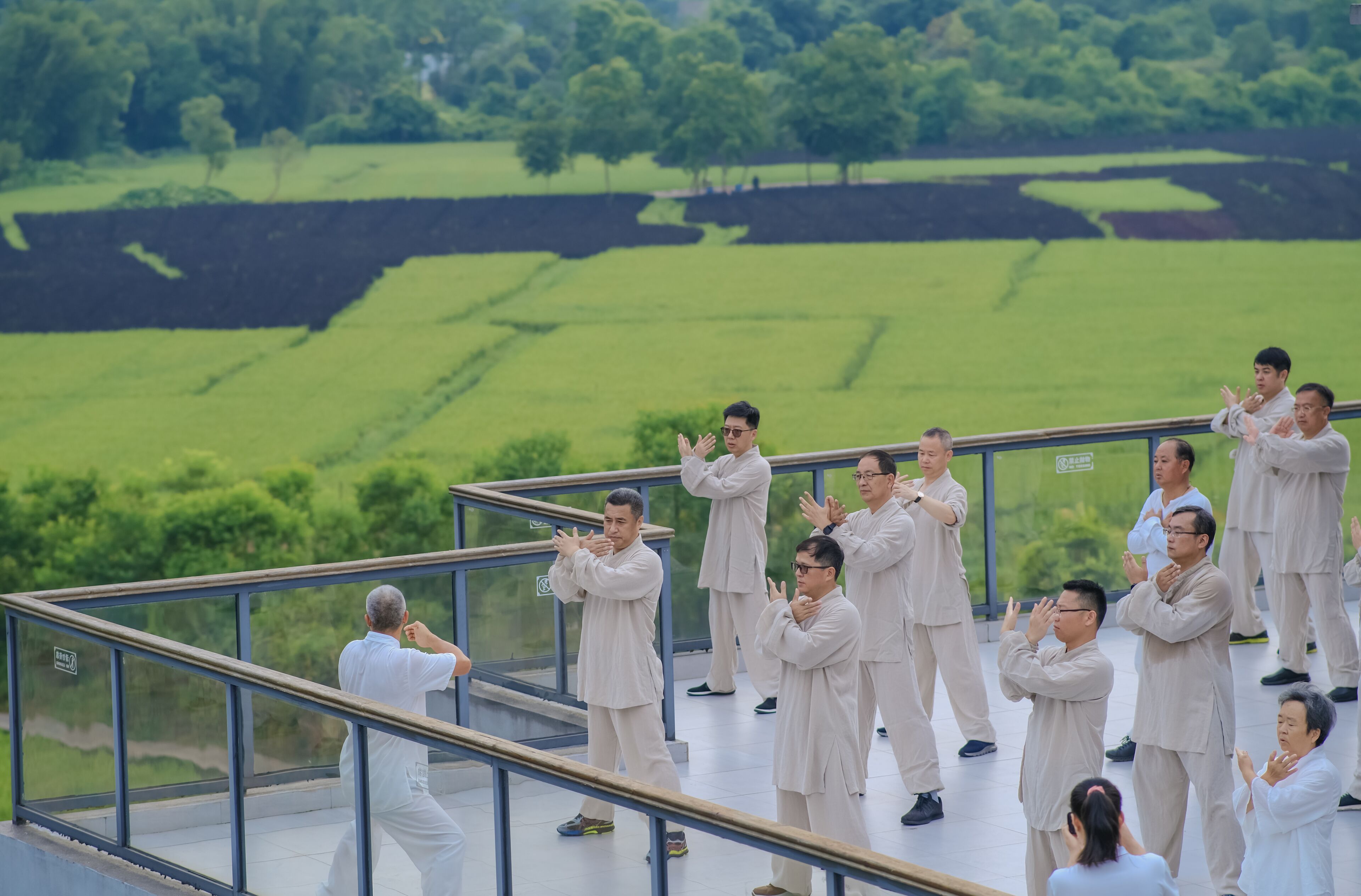 Un grupo de personas con vestimenta tradicional en un balcón, con vistas a un paisaje verde.