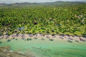 An aerial view of a resort with a beach, palm trees, and clear turquoise waters.