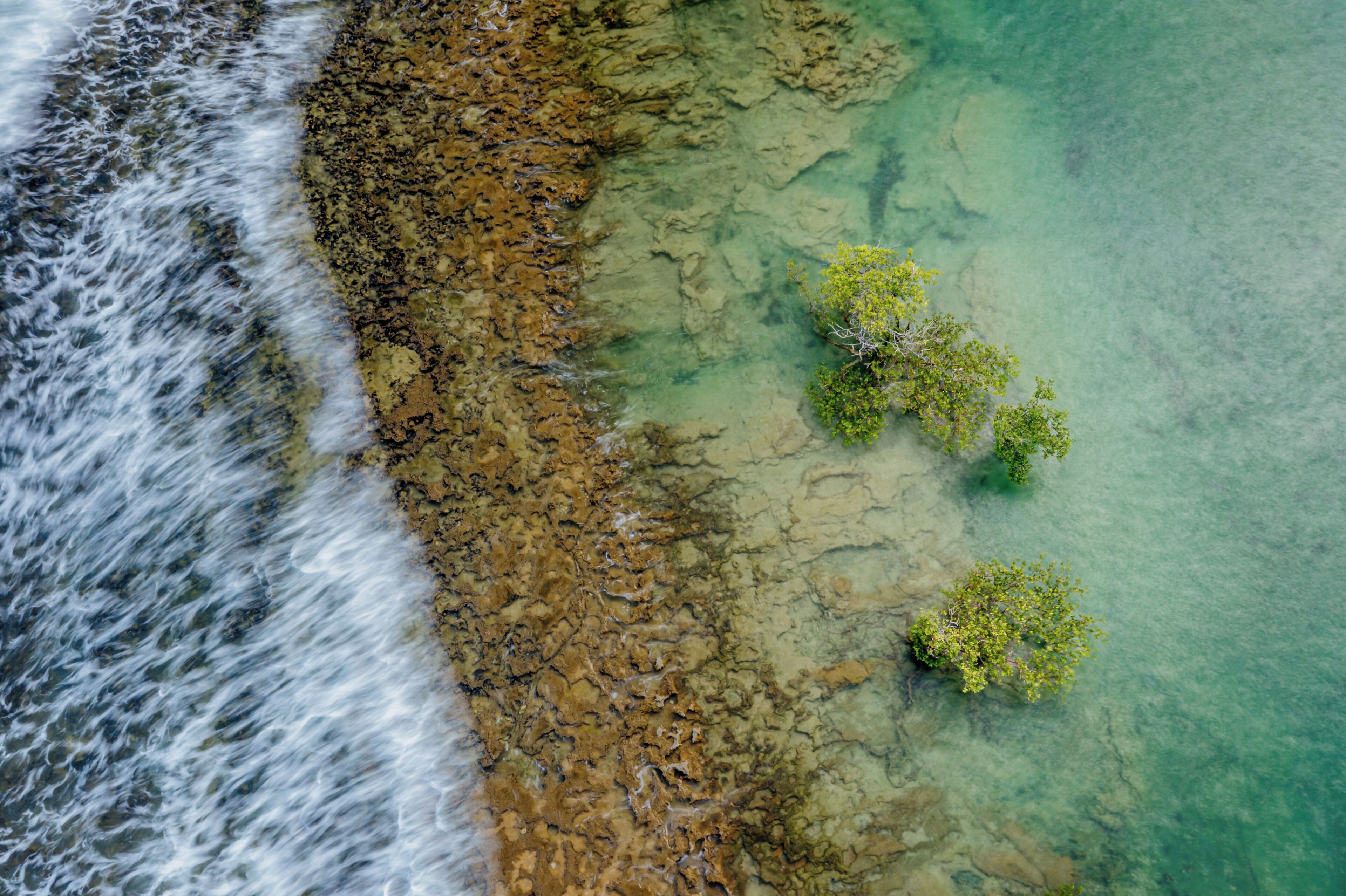 Vista aérea de uma área costeira com terreno rochoso e águas cristalinas.