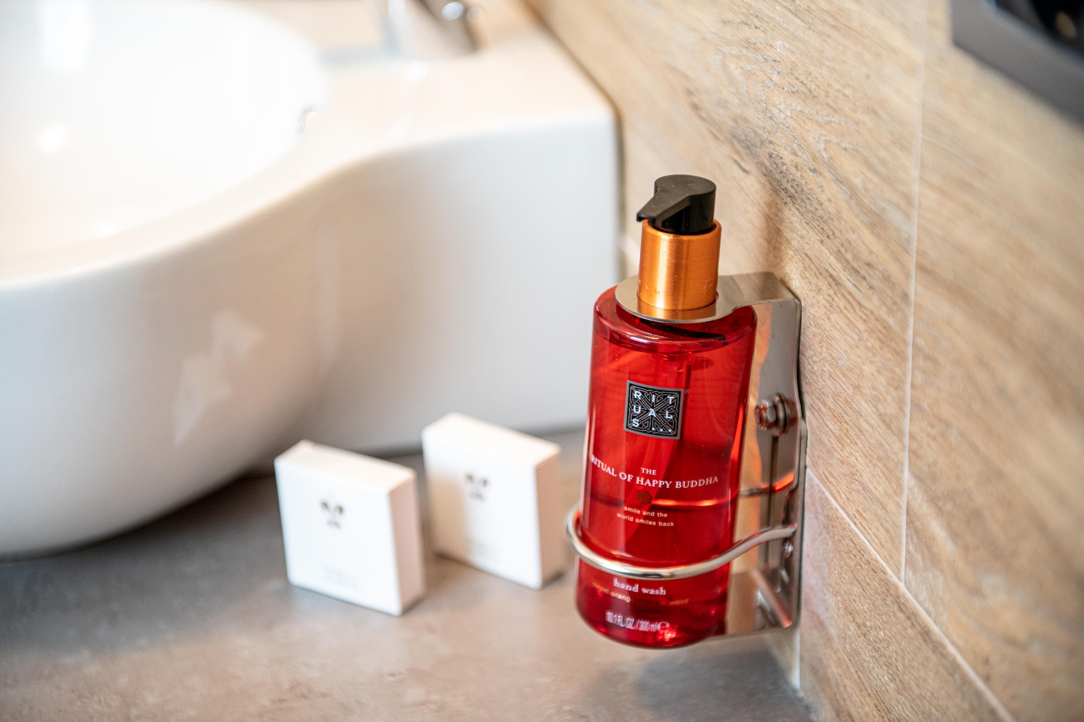 hair dryer, bidet, towels, soap