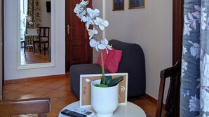 Uma sala de estar com sofá, mesa de centro com controle remoto, orquídea em vaso e porta que dá para outro cômodo.