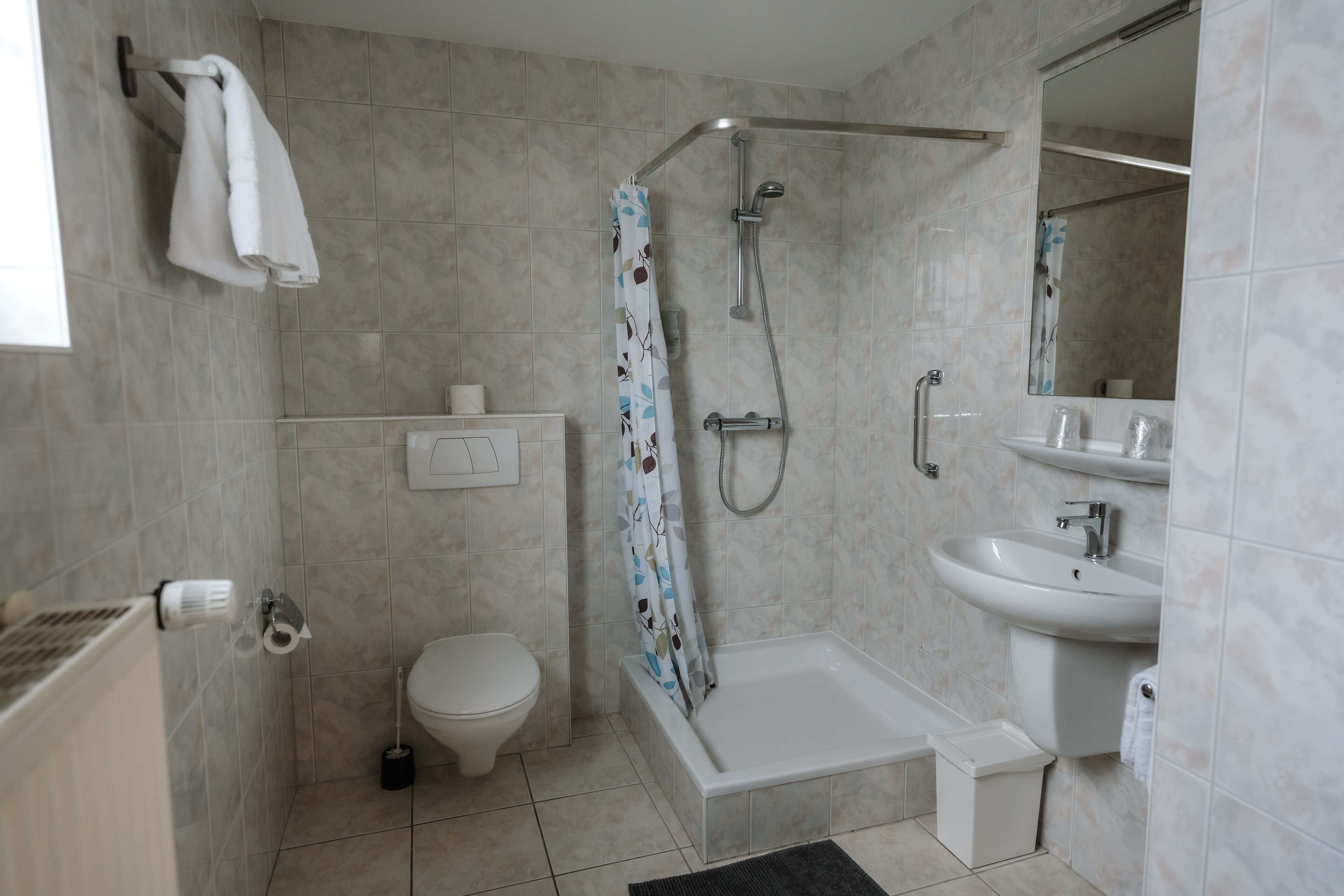 basic double room | bathroom | shower, free toiletries, hair dryer, towels