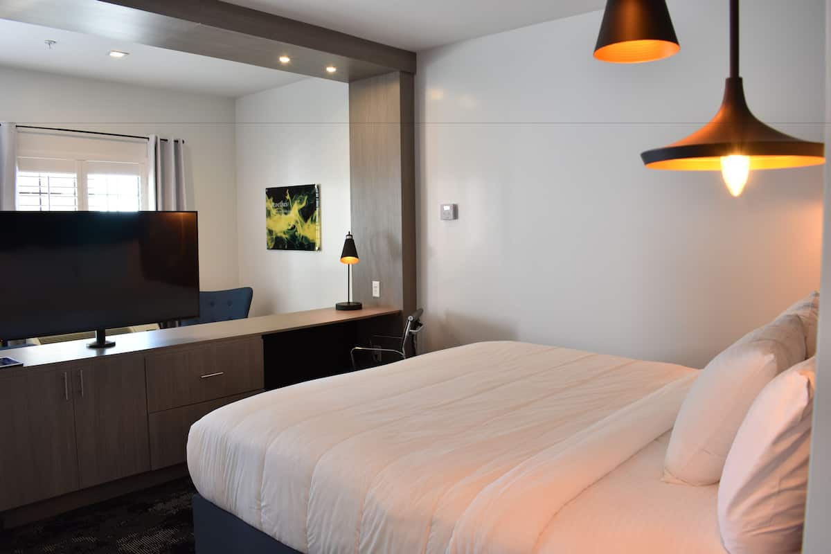 Habitación de hotel con una cama grande, un escritorio con televisor de pantalla plana, una lámpara de escritorio y un cuadro en la pared.