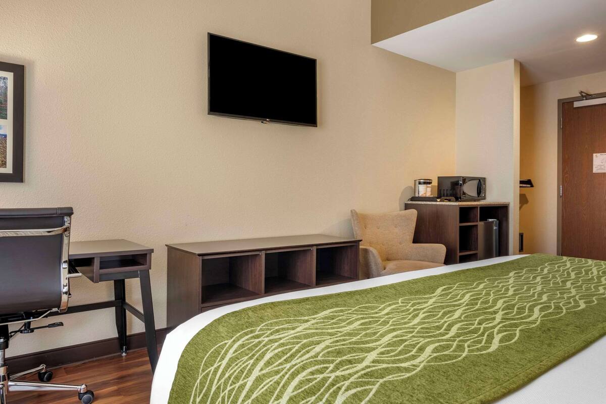 A hotel room with a bed, a desk, a chair, a television, and a microwave.
