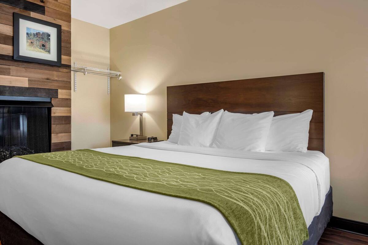 A hotel room with a large bed, a headboard, a bedside table with a lamp, a framed picture on the wall, and a fireplace.