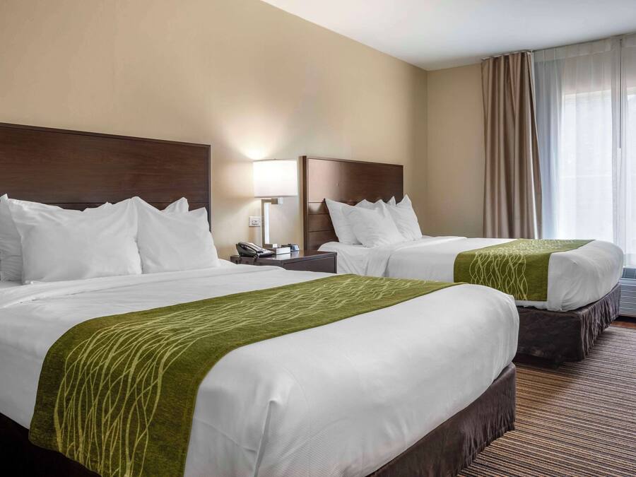 Een hotelkamer met twee bedden, een nachtkastje met een lamp en een groot raam met gordijnen.