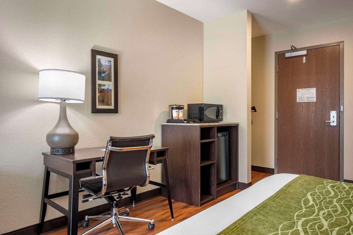 A hotel room with a bed, a desk with a lamp, a chair, a microwave, and a small cabinet.
