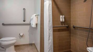 Baño con inodoro, ducha con cabezal de ducha de mano y barras de apoyo.