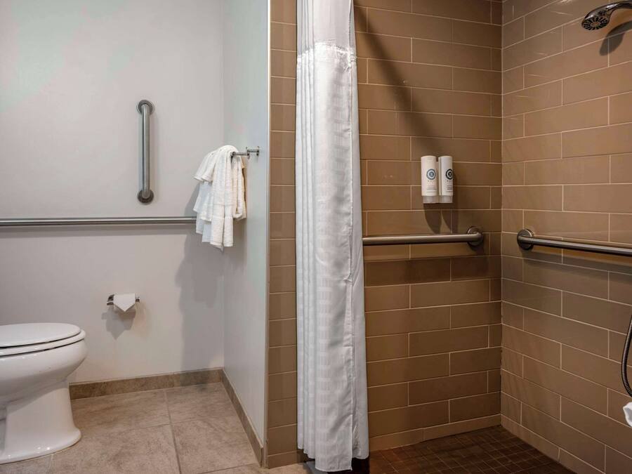 Baño con inodoro, ducha con cabezal de ducha de mano y barras de apoyo.
