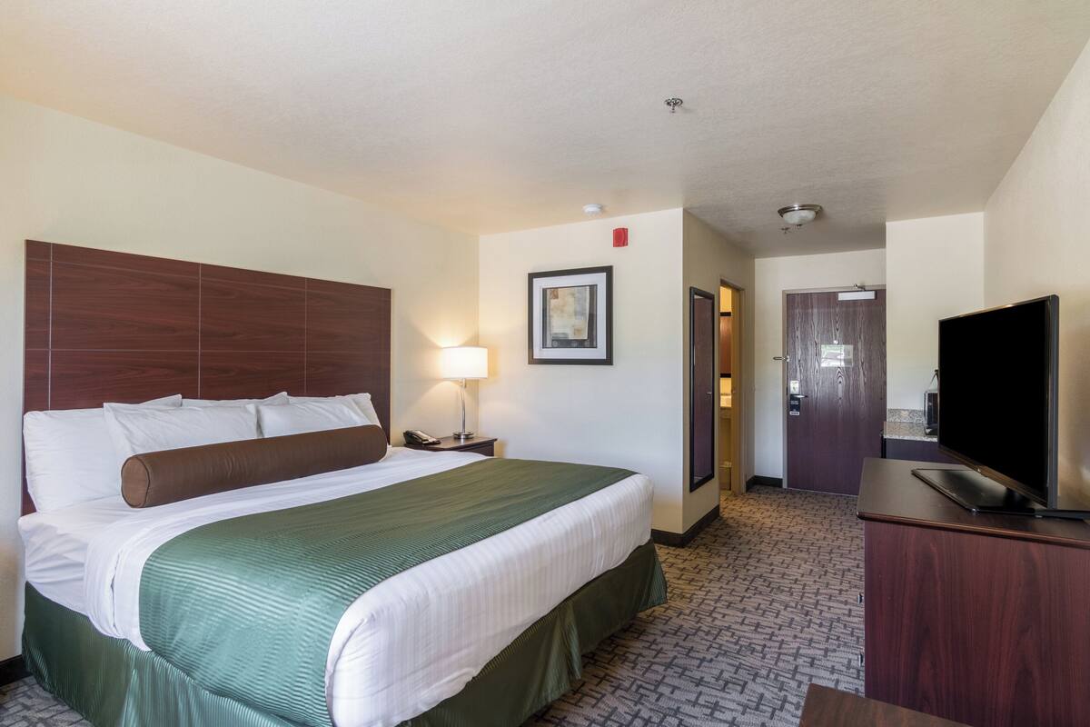 Ein Hotelzimmer mit einem großen Bett, einem Schreibtisch, einem Flachbildfernseher, einer Lampe und einem gerahmten Bild an der Wand.