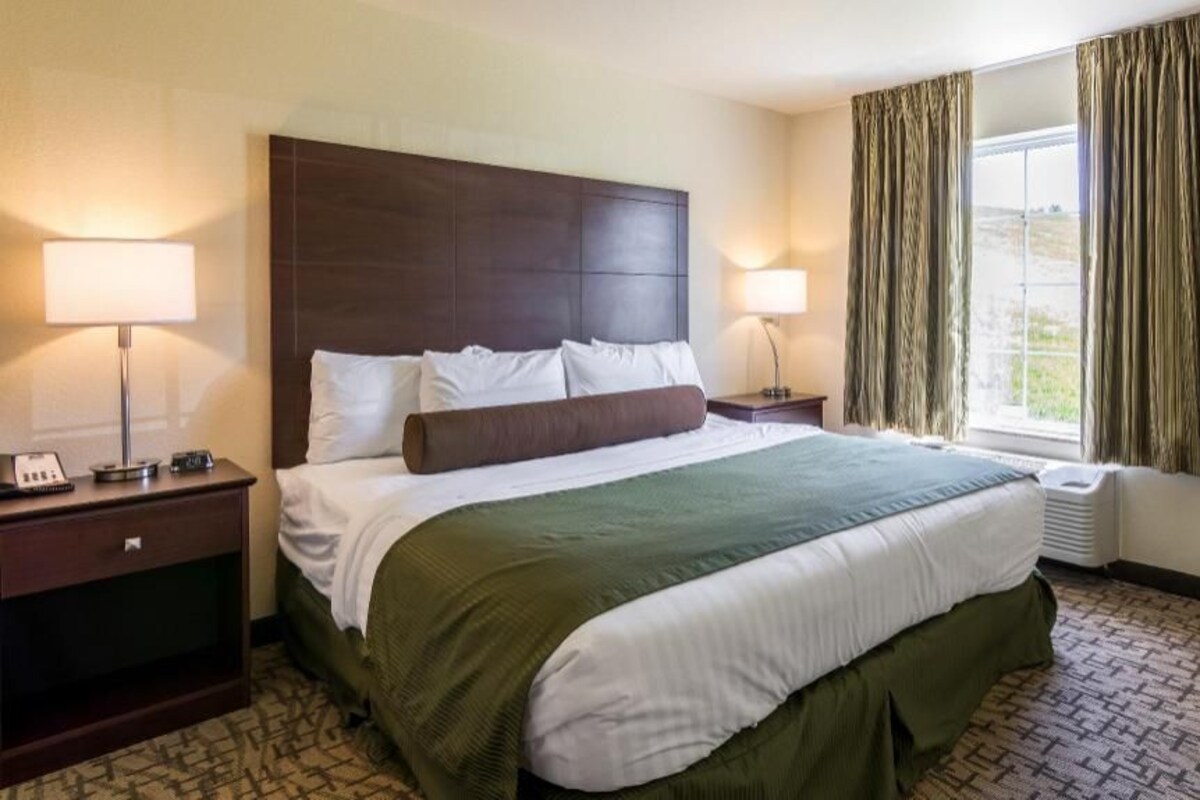 Quarto de hotel com cama grande, duas mesas de cabeceira, janela com cortinas e piso coberto por carpete.