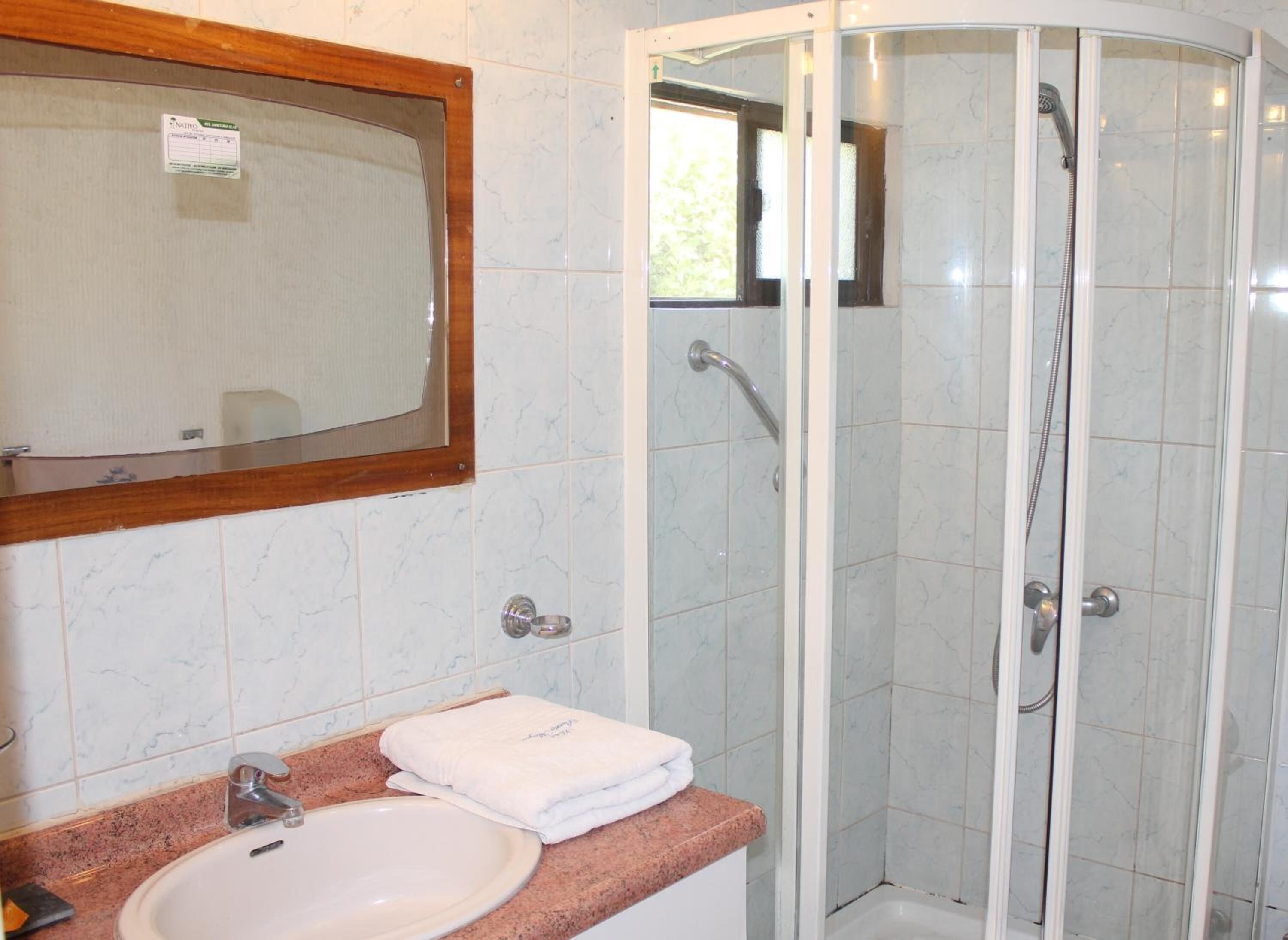 A bathroom with a sink, mirror, and a glass-enclosed shower area.