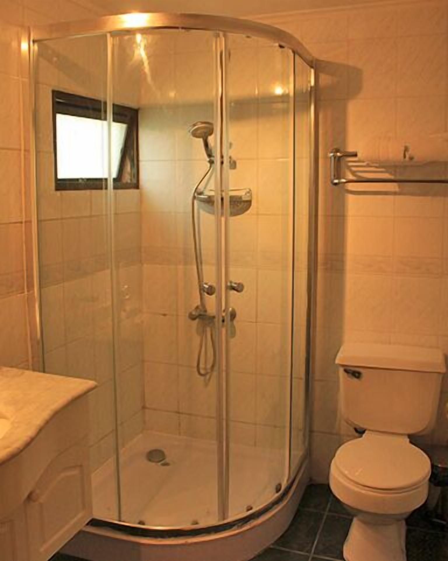 A glass-enclosed shower stall with a toilet and sink in a corner bathroom.