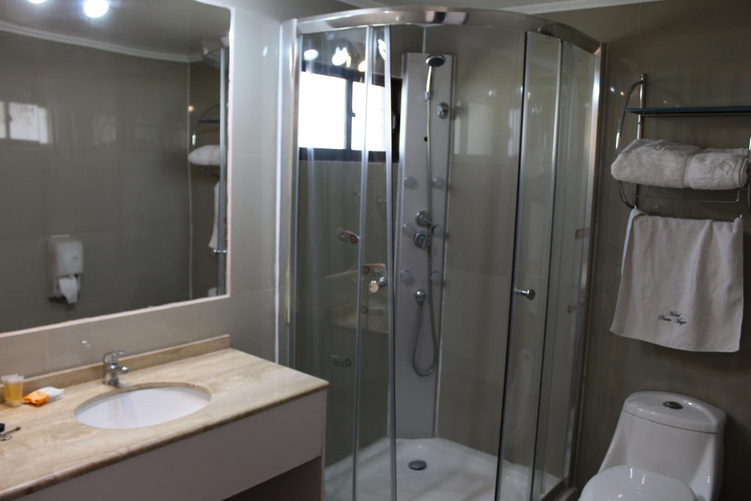 A modern bathroom with a glass-enclosed shower, a sink, and a toilet.