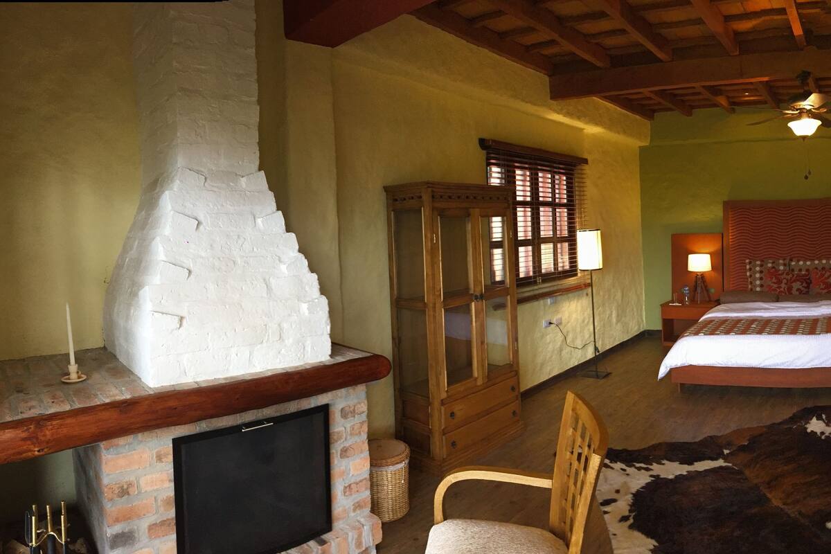 A cozy room with a fireplace, a bed with a decorative headboard, a wooden cabinet, and a cowhide rug.