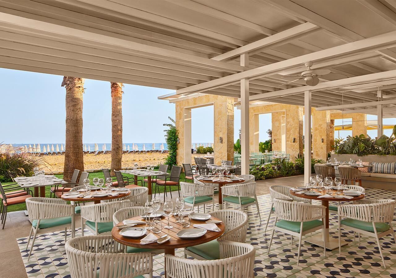 An outdoor dining area with tables and chairs, a view of the beach, and palm trees.