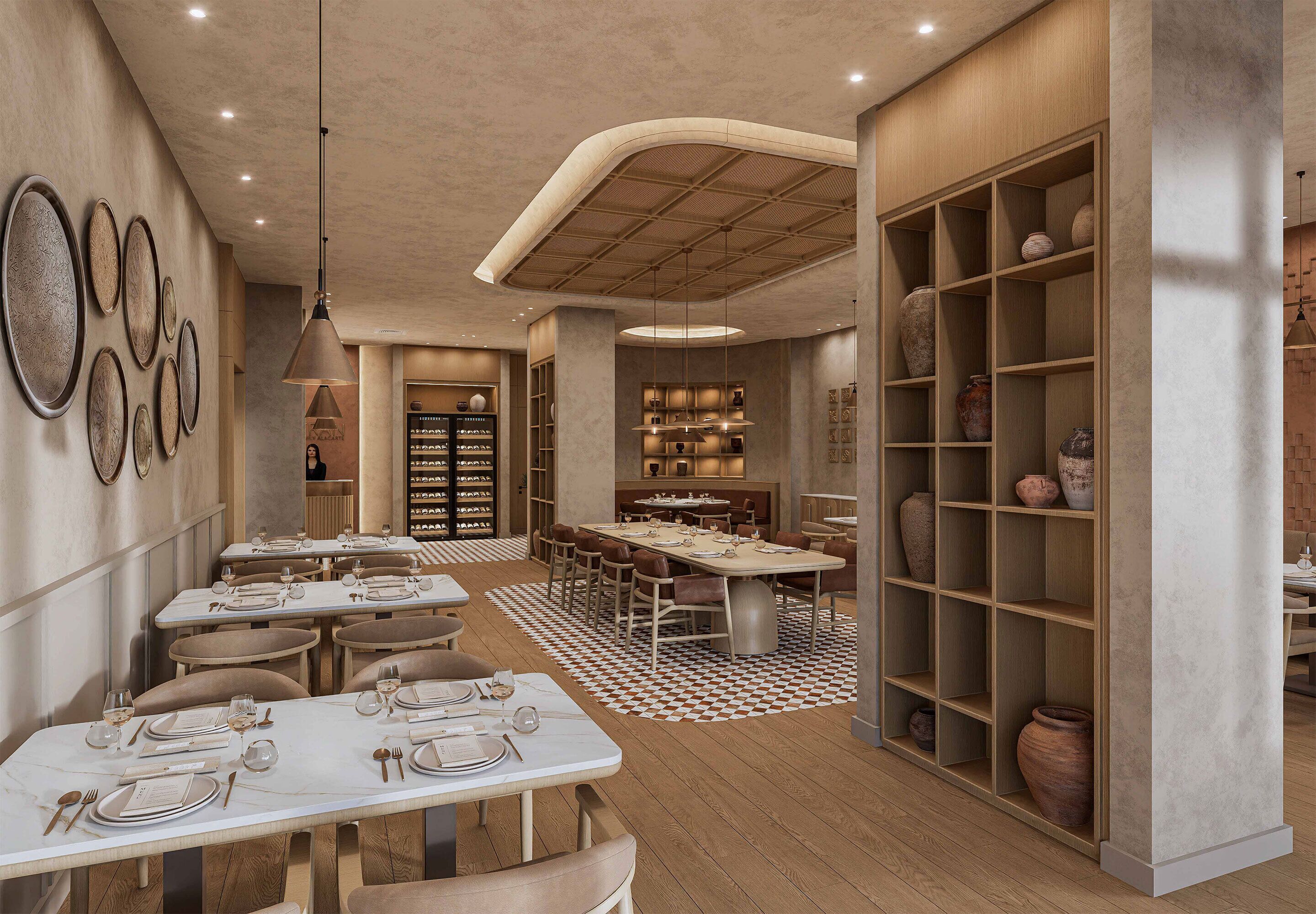 A modern restaurant with multiple dining tables, a central seating area, and a display of pottery on shelves.
