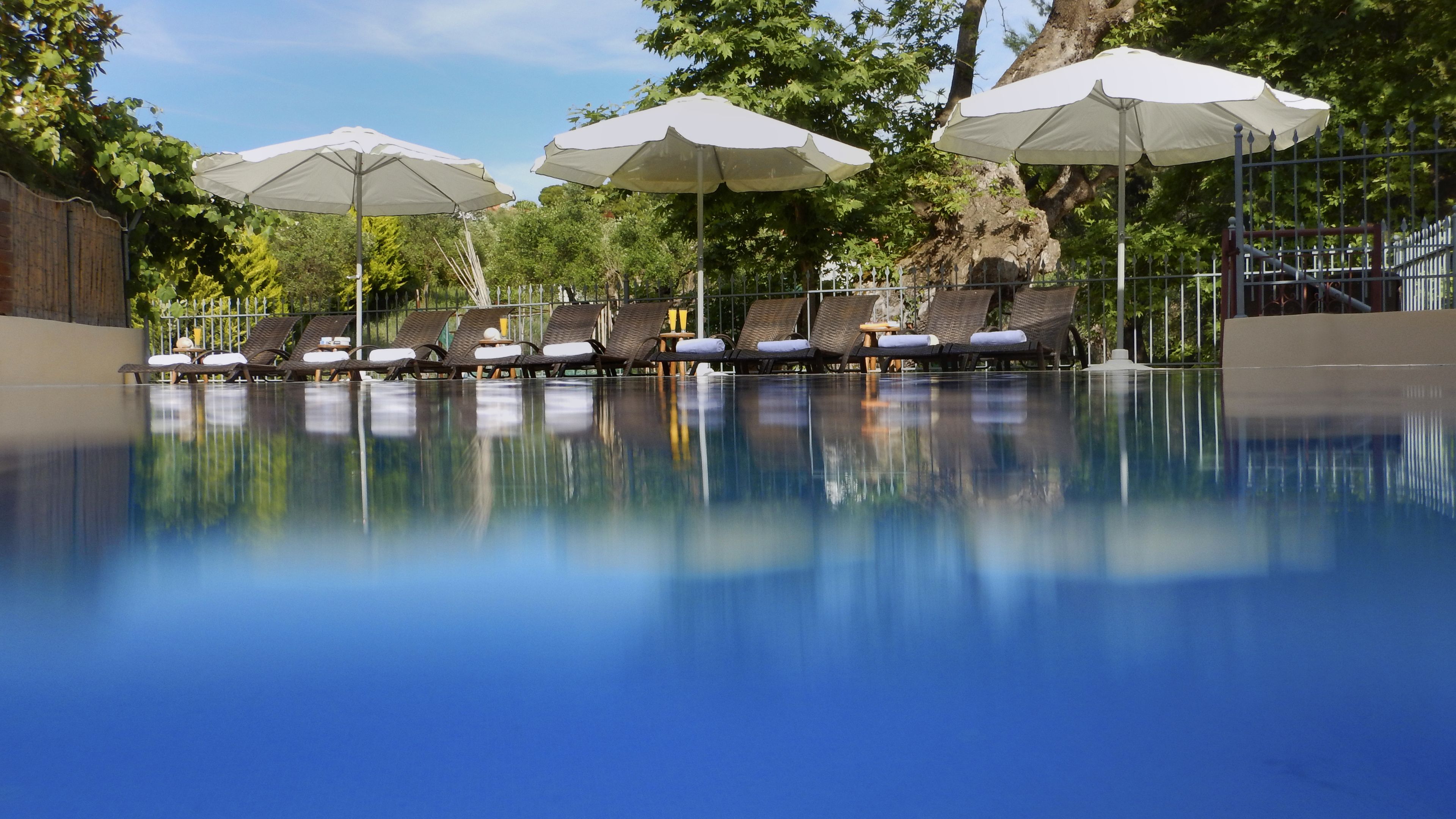 Outdoor pool, pool umbrellas, pool loungers