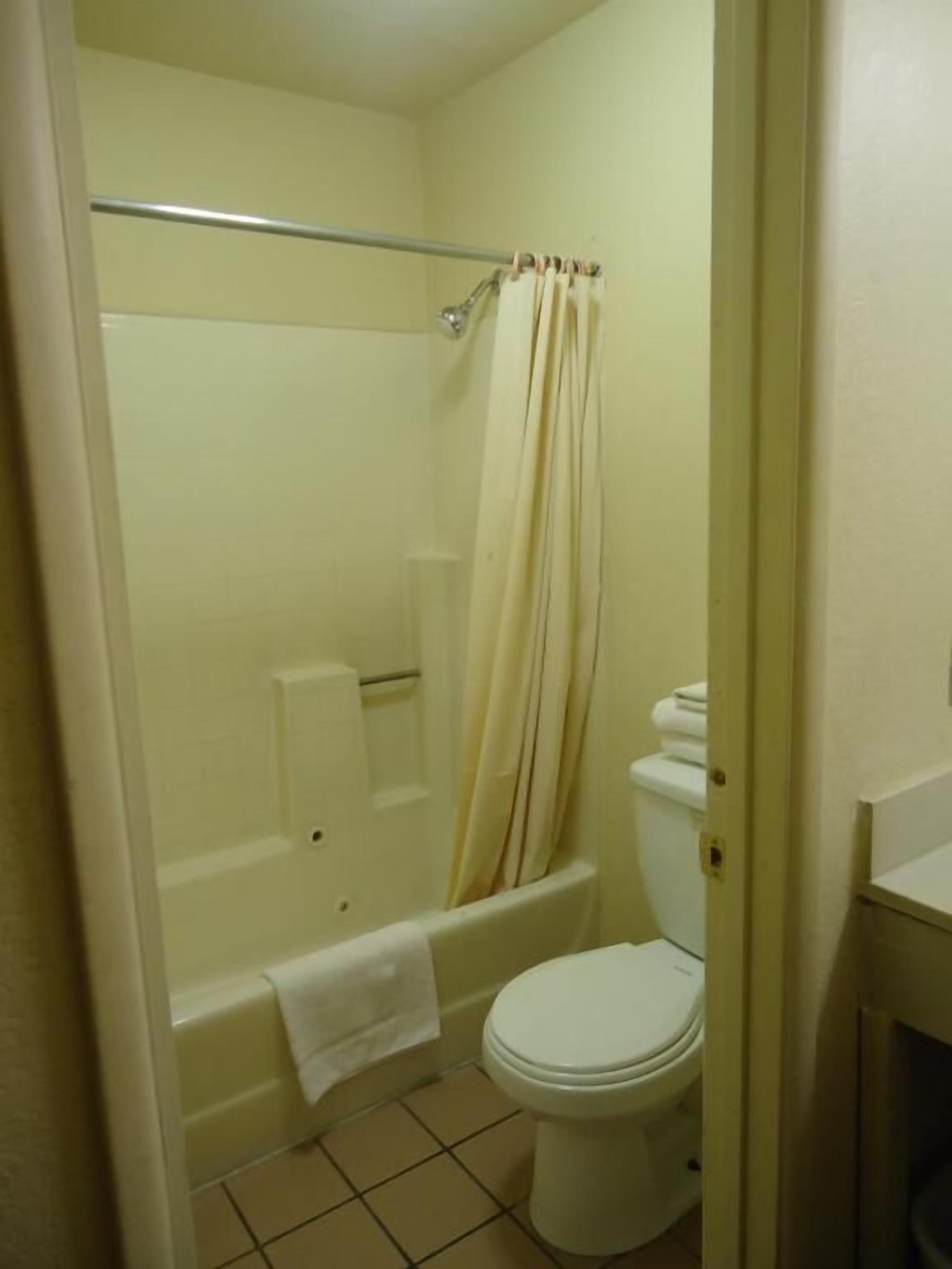 A bathroom with a bathtub, toilet, and a shower curtain.